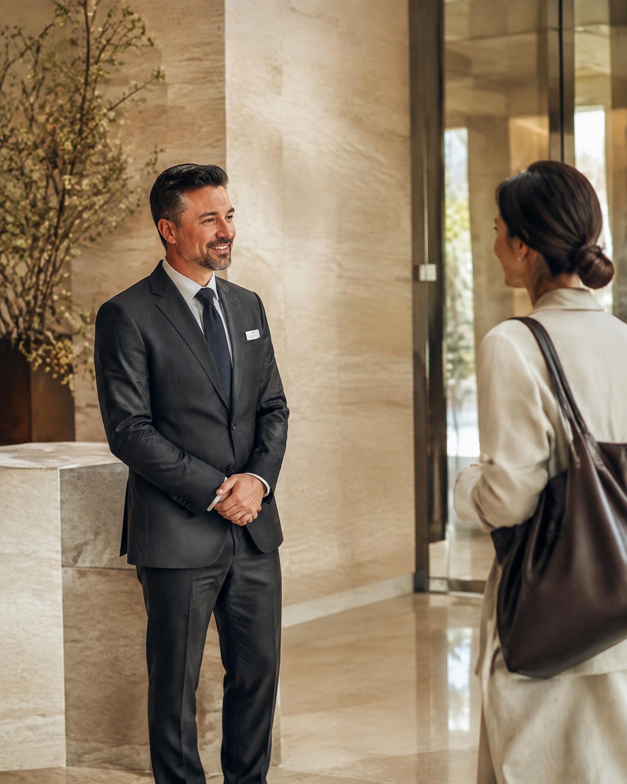 Crestmark building manager greeting a resident
